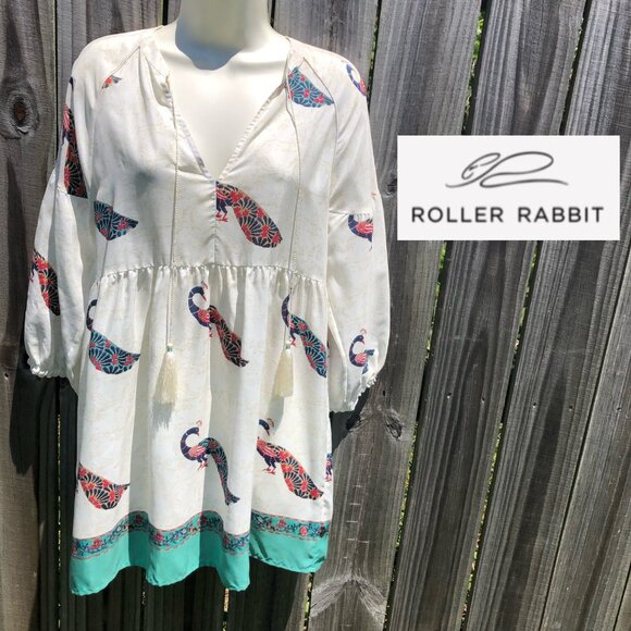 Roller Rabbit Small Silk Blouse Top Shirt Peacock Tassel V Neck Roberta Tunic - Picture 1 of 9